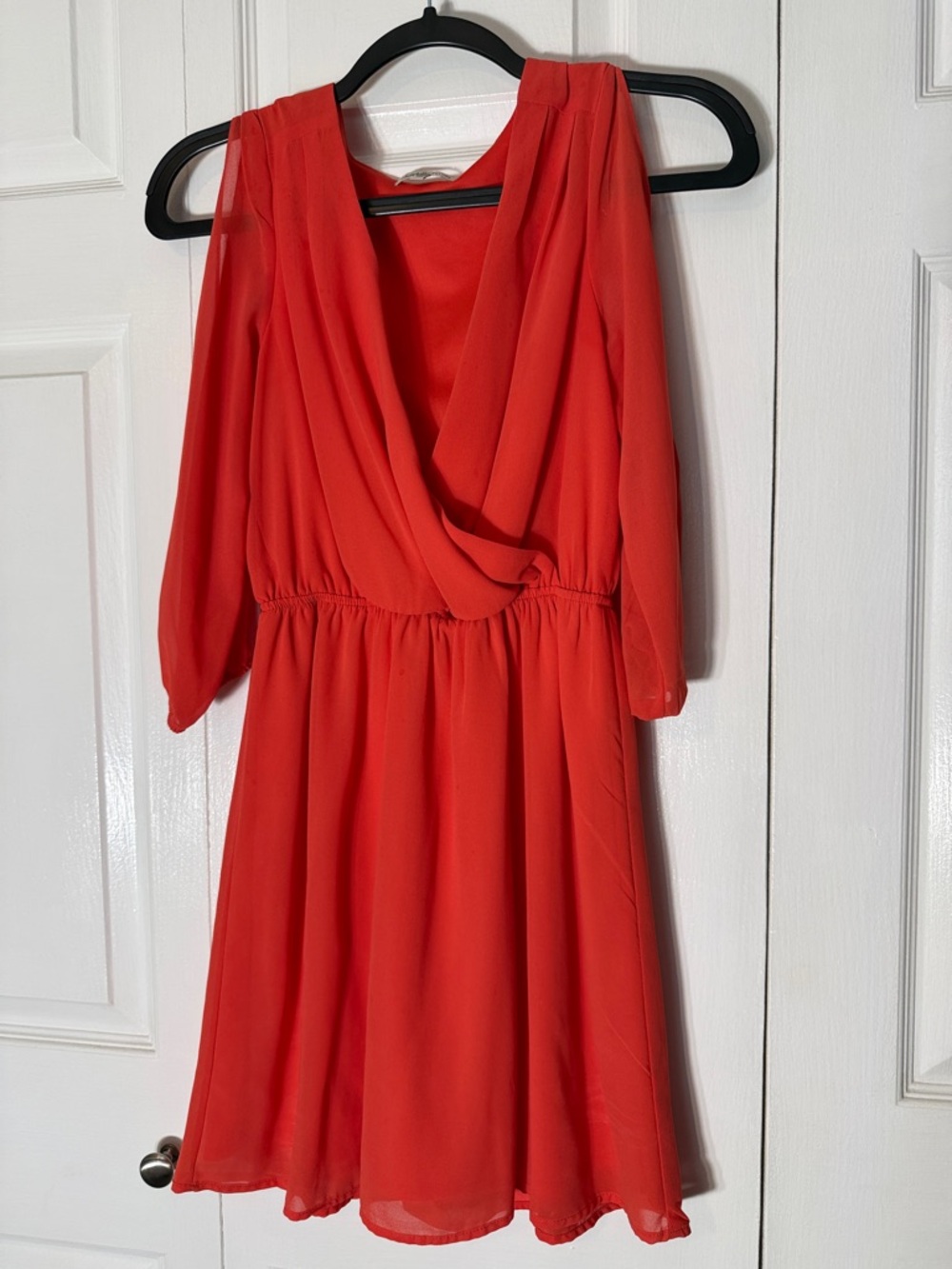 Charlotte Russe Red Draped V-Neck Long Sleeve Chiffon Dress